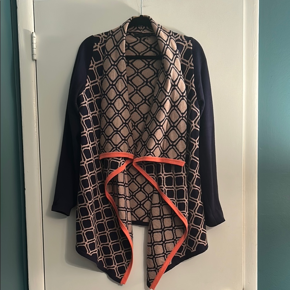 THML Navy, Coral and Beige Geometric Cardigan
